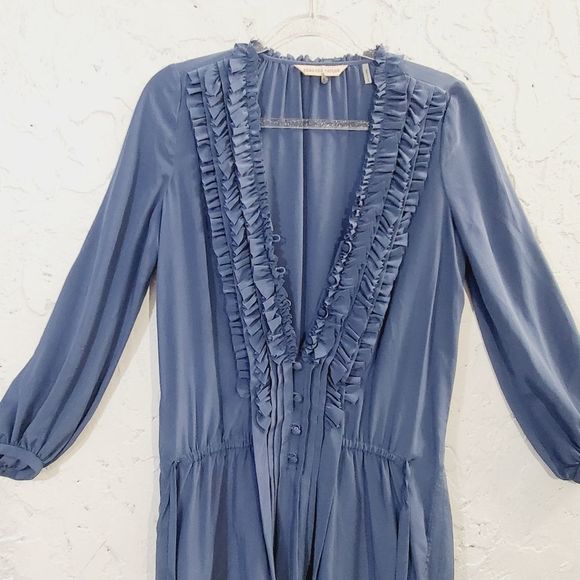 Rebecca Taylor silk ruffle shirt mini dress Top W/ Waist tie  blue size small 2 - Picture 10 of 16